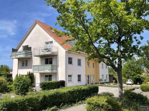 a white house with a tree in front of it at Fewo 202 Ferienwohnung in Strand- und Spielplatznähe in Rerik
