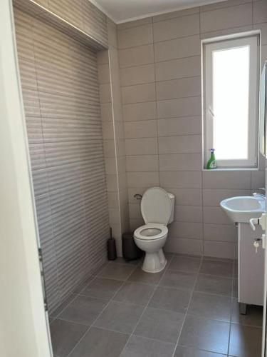 a bathroom with a toilet and a sink at Вила in Asprovalta