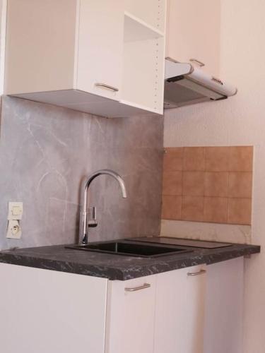 - une cuisine avec un évier et des placards blancs dans l'établissement Appartement - Saint-Cyprien, à Saint-Cyprien