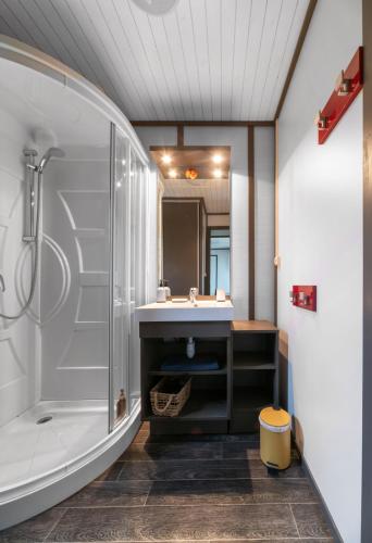 une salle de bain avec douche et lavabo dans l'établissement Camping Le Mont Libre - Cottage & espace nature - Gannat, à Gannat