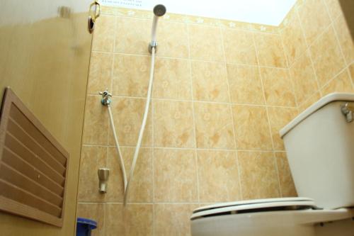 een badkamer met een douche en een toilet. bij De Ibeel Guesthouse in Pangandaran
