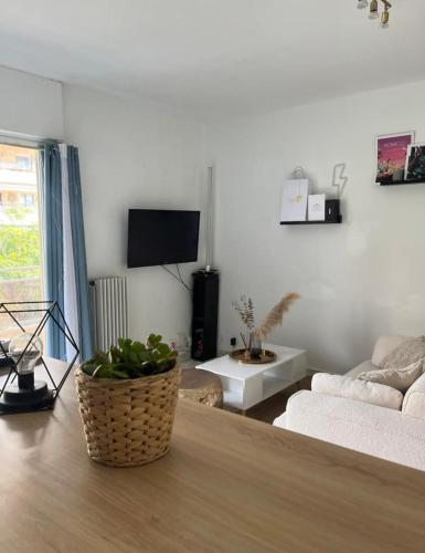 un salon avec un canapé et une télévision dans l'établissement STUDIO au calme, à Nice