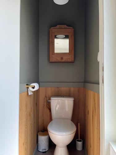 une salle de bain avec des toilettes blanches et un miroir dans l'établissement Maison de campagne, à Raye-sur-Authie