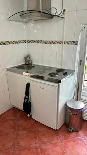 une cuisine avec une cuisinière et un évier dans l'établissement F2 aux porte de Paris - 4 pers, à Champigny-sur-Marne