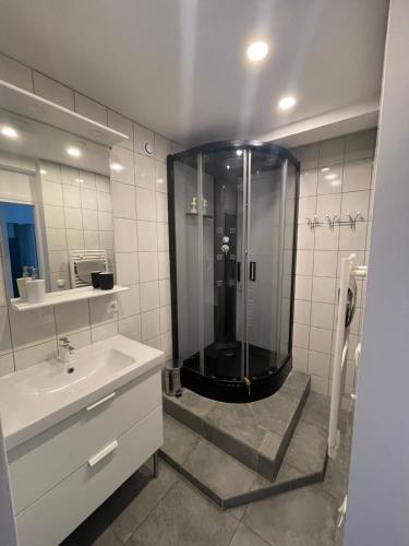 une salle de bain avec douche et lavabo dans l'établissement Landes Appart, à Labenne