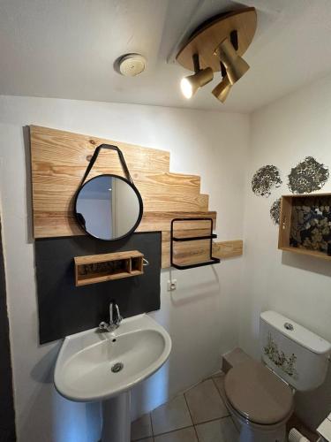 une salle de bain avec un lavabo et un miroir au mur dans l'établissement Mas le Canton, à Saint-Jean-du-Gard