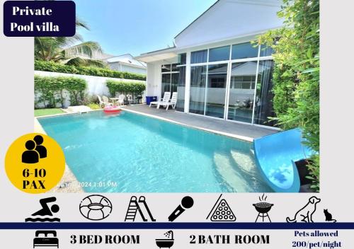 a villa with a swimming pool in front of a house at Beachtown Cha-Am Private Poolvilla from beach 2km in Cha Am