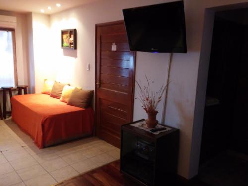 1 dormitorio con 1 cama y TV de pantalla plana en Departamento Los Pinos en Salta
