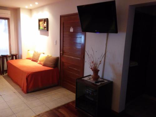 Un dormitorio con una cama y un televisor de pantalla plana. en Departamento Los Pinos, en Salta