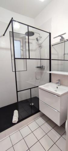 une salle de bain avec douche et lavabo dans l'établissement Coeur de Ville-Idéal Long Séjour-Bureau-Fibre, à Pau