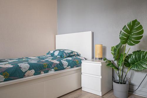une chambre avec un lit et une plante dans l'établissement Le Paisible ~ Centre-ville ~ Arrivée autonome, au Mans