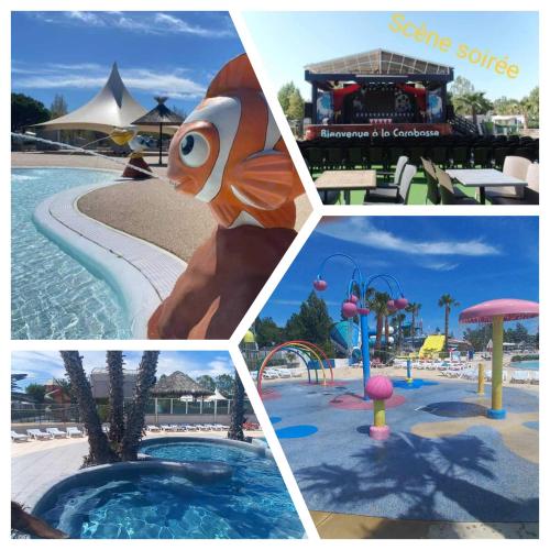 un collage de quatre photos d'un parc aquatique dans l'établissement Mobil home à Vias - Vos vacances à la mer, à Vias