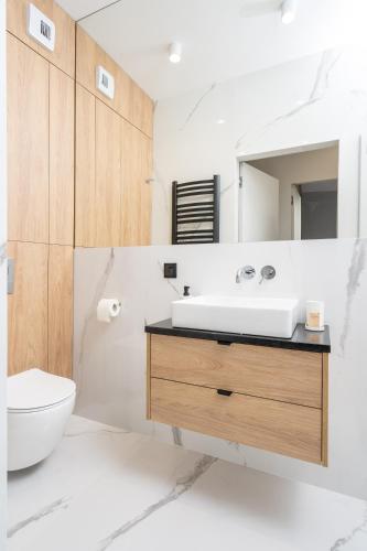a bathroom with a sink and a toilet at Olimpijska Premium Elite4Rent in Olsztyn