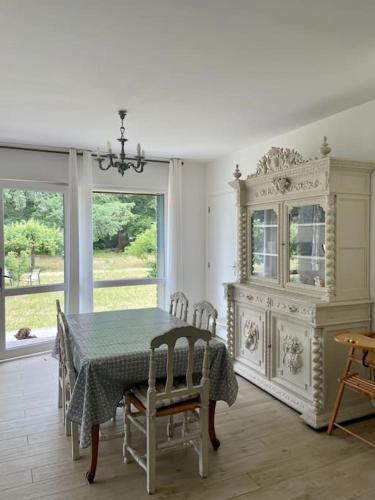 une salle à manger avec une table, des chaises et un lustre dans l'établissement La maison du Verger, à Brinon-sur-Sauldre
