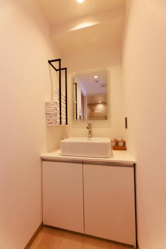 a bathroom with a white sink and a mirror at MKG Home・芝 in Tokyo