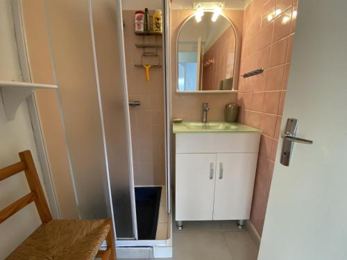 une petite salle de bain avec un lavabo et un miroir dans l'établissement Narbonne-Plage : T2 climatisé, balcon, parking, à 100m de la plage, commerces à proximité - FR-1-795-12, à Narbonne