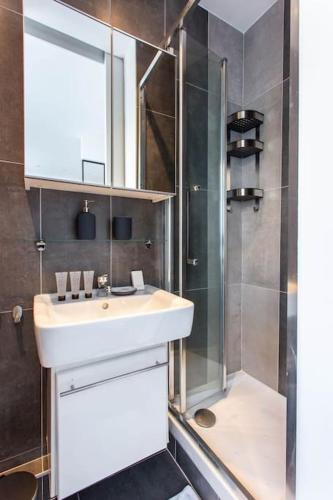 une salle de bain avec un lavabo et une douche dans l'établissement Great Studio Paris 16, à Paris