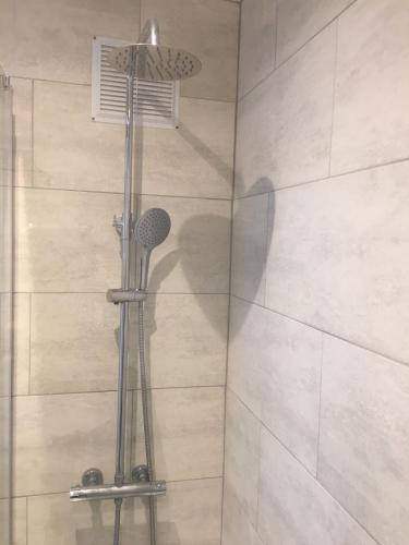 a shower with a shower head in a bathroom at Hadleigh Hotel in Eastbourne