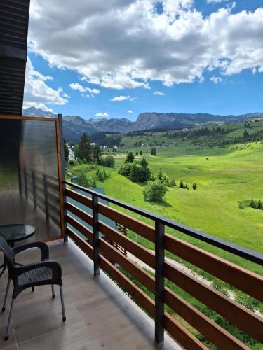 a balcony with a view of a green field at Apartmani Srećko in Žabljak