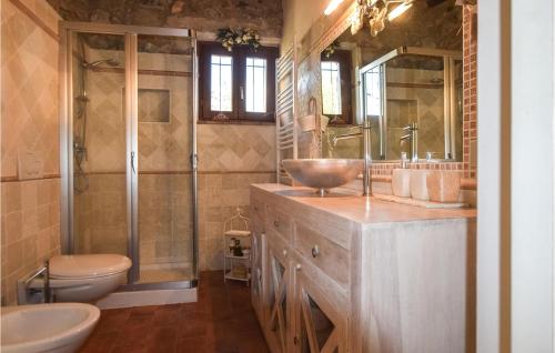 a bathroom with a sink and a shower and a toilet at Stunning Home In Monterotondo Marittimo in Monterotondo