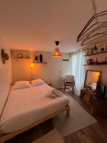 une chambre avec un grand lit et une chaise dans l'établissement Le petit abri de la Garenne - Séjour cosy à Blois, à Blois