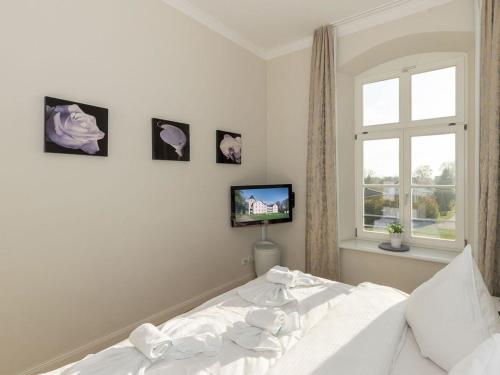 a bedroom with a bed and a window and a tv at Jagdschloß zu Hohen Niendorf Fewo 7 in Hohen Niendorf