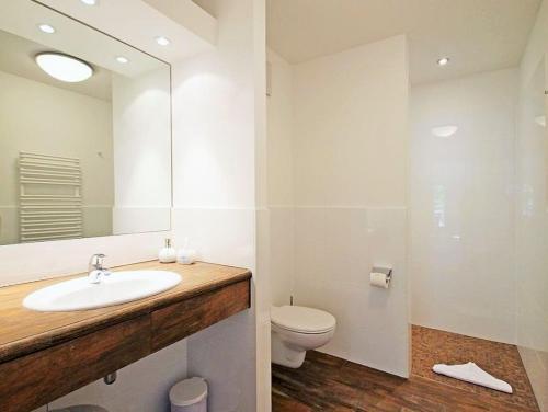 un bagno con lavandino, WC e specchio di Jagdschloß zu Hohen Niendorf Fewo 18 ANNA LUISE a Hohen Niendorf