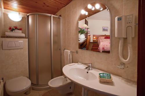 アルタ・テルメにあるAlbergo Miramontiのバスルーム(シャワー、洗面台、トイレ付)