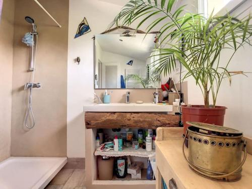 une salle de bain avec un lavabo et un miroir dans l'établissement maison 3 chambres piscine près Avignon 4 jours minimum, au Pontet