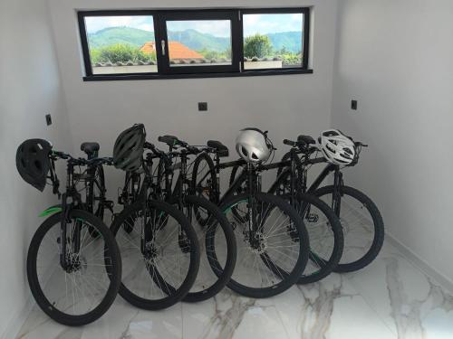 four bikes are lined up against a wall at Pensiunea Fira in Baia de Fier