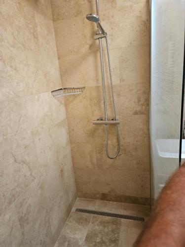 a shower with a shower head in a bathroom at Apartmány Skalica in Skalica
