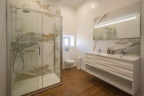 Un baño con ducha, lavabo e inodoro. en Le Sicilien ~ Climatisation ~ Centre-ville, en Carcassone