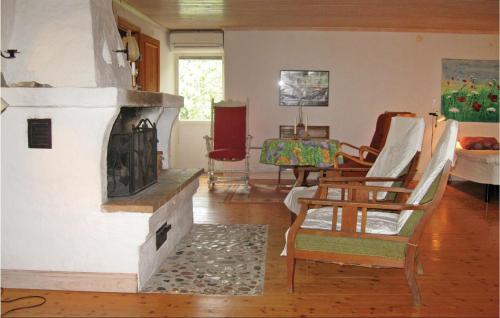 a living room with a fireplace and some chairs at Nice Home In Visby With Wifi in Endre