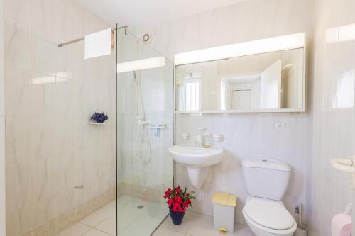 une salle de bain avec une douche, des toilettes et un lavabo dans l'établissement Palmeria - Maison climatisée accès direct plage, à Canale-di-Verde