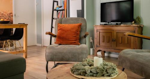 a living room with a chair and a television at huis op de veluwe in Nunspeet