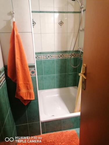 a bathroom with a tub and a shower with an orange towel at Chata u Jany domček in Ždiar