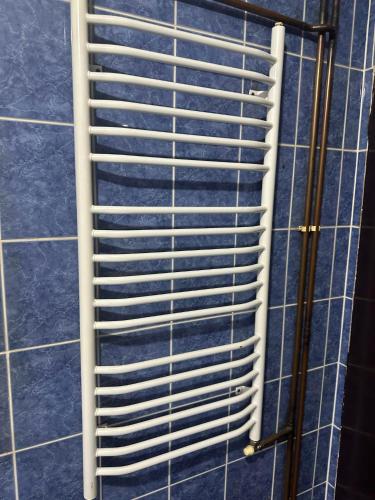 a metal ladder on a blue tiled wall at Apartmani Fenix in Mirijevo