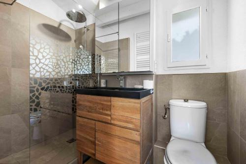 une salle de bain avec toilettes, lavabo et douche dans l'établissement Mazet 1 chambre avec jardin, à Sainte-Maxime