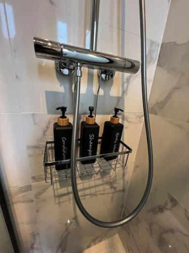 un groupe de trois bouteilles de savon sur un support dans une douche dans l'établissement Studio refait à neuf en plein Paris !, à Paris