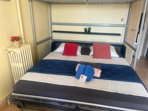 Ce lit se trouve dans un dortoir doté d'oreillers rouges et bleus. dans l'établissement 