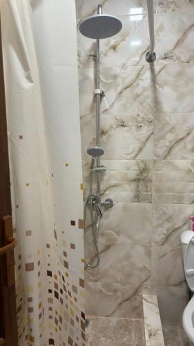 a shower in a bathroom with a marble wall at Dililuxe Hotel in Dilijan