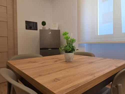 a wooden table with a potted plant on top of it at Struttura Monte Olimpo in Porto Torres