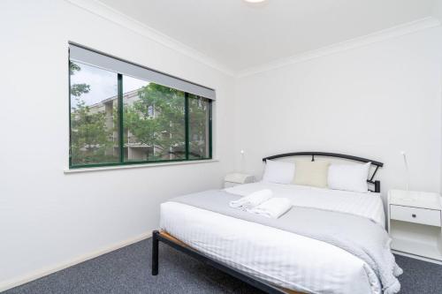 a white bedroom with a bed and a window at 2BR Apartment Close to Glebe Park and Canberra City - Hosted by CanStay in Canberra