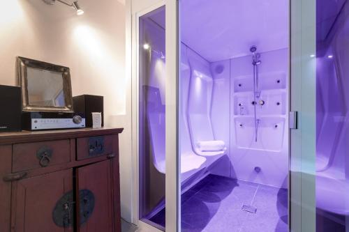 une salle de bain avec douche, toilettes et miroir dans l'établissement Chalet Moussoux - Hammam prive, à Chamonix-Mont-Blanc