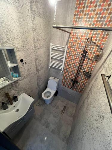 a bathroom with a white toilet and a sink at Terrace View in Batumi
