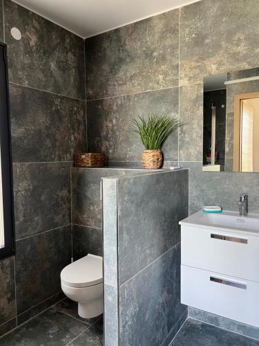 une salle de bain avec toilettes et lavabo dans l'établissement Petite villa paisible, à Hyères
