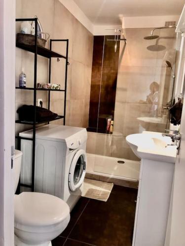 une salle de bain avec toilettes, lavabo et douche dans l'établissement Studio climatisé Résidence Le Galilée avec terrasse proche des remparts, à Avignon