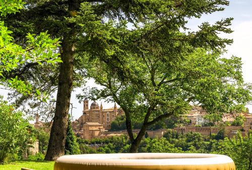 a park with trees and a castle in the background at Villa Cà Paciotti dal 1500 - Urbino e Rinascimento! in Urbino