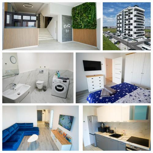a collage of four pictures of a bathroom at Hunyadi Luxury Evolution in Sibiu