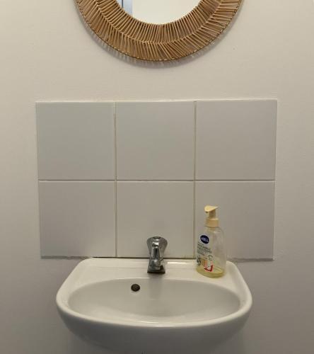 a bathroom sink with a mirror and a soap bottle at Hent Ar Mor - Elégante Demeure Trébeurden in Trébeurden